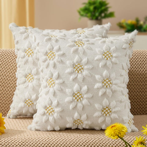 Spring Summer Pillow Covers 18x18 inch Set of 2 Farmhouse Decor Yellow Color Flower Heart Sunflower Soft Plush Faux