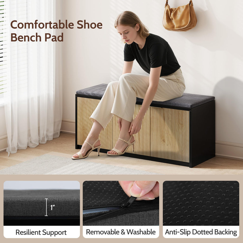2-Tier Shoe Storage Bench with 3 Doors & Adjustable Shelf, Removable Padded Seat Cushion, 41.3" Entryway Bench - Wood