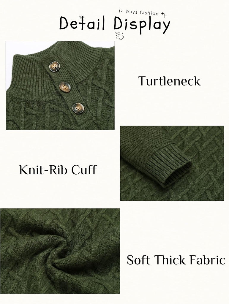 Boys Turtleneck Cable Knit Sweater Long Sleeve Button Up Pullover