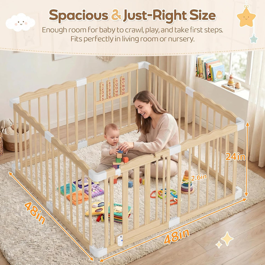Wooden Baby Playpen, 48"x48"x24" Foldable Play Yard with Built-in Toys, 8 Panel Baby Fence Lockable Door, for Babies