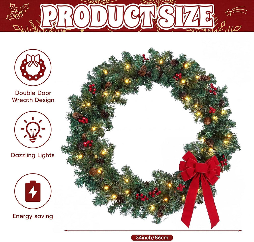 35 Inch Double Door Cordless Wreath, Pre-lit
