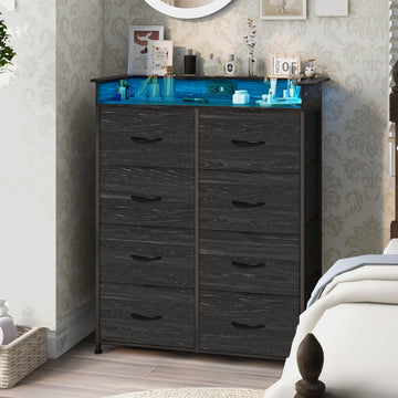 Fabric Dresser with LED Light and Charing Station Tall Dressers with 8 Drawers Black Dresser & Chest of Drawer for