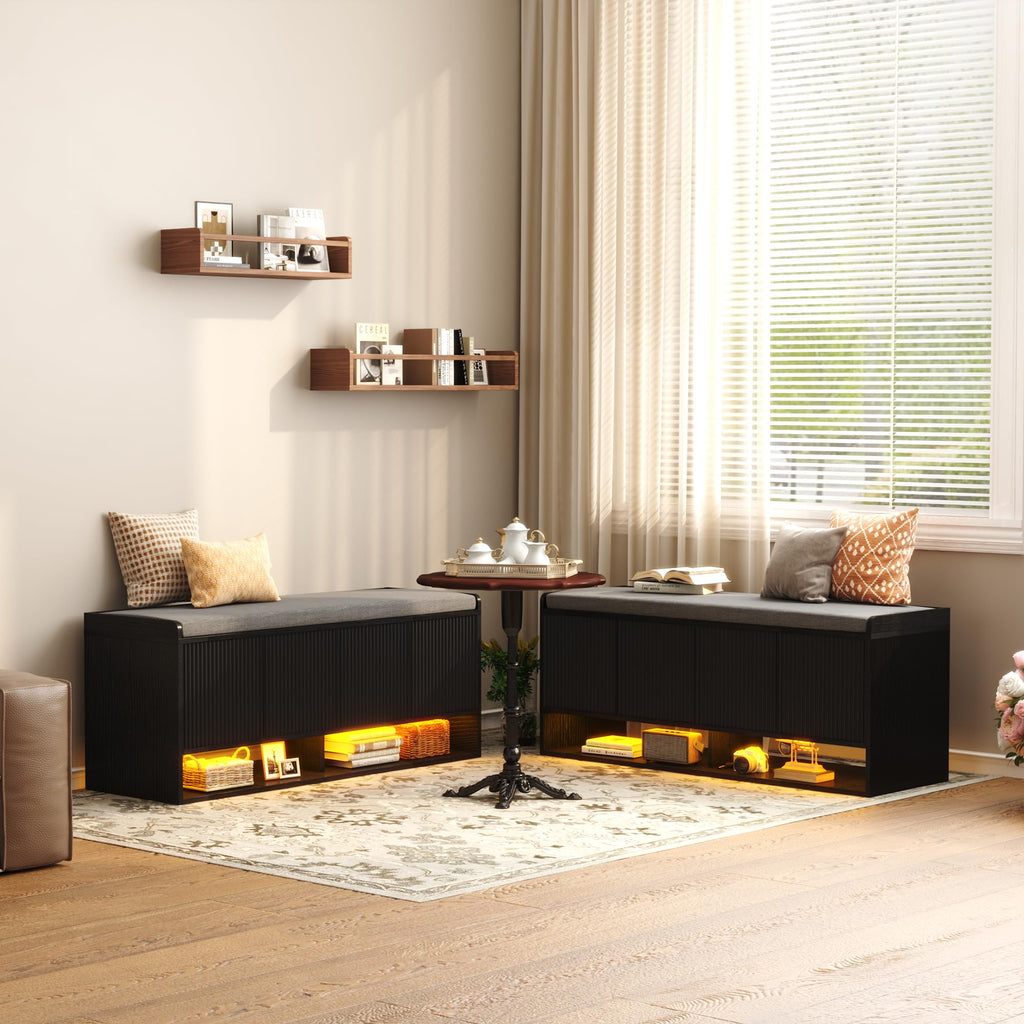 47.2" Fluted Shoe Storage Bench, Entryway Bench with Linen Seat Cushion, Shoe Cabinet Bench with Adjustable Shelf and