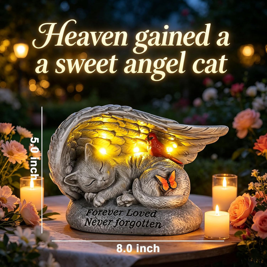 Cat Memorial Stones with Solar Angel Wing Cardinal Butterfly 8 Inch