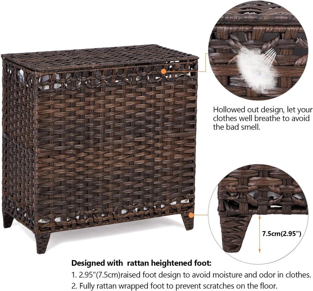 Laundry Hamper with 3 Removable Liner Bags, 132L Laundry Sorter with Lid | Raised Feet; Side Carry Handles; Handwoven