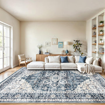 8x10 Washable Area Rug, Low-Profile with Non-Slip Backing & Durable Edge Binding, Vintage Large Rugs for Living Room