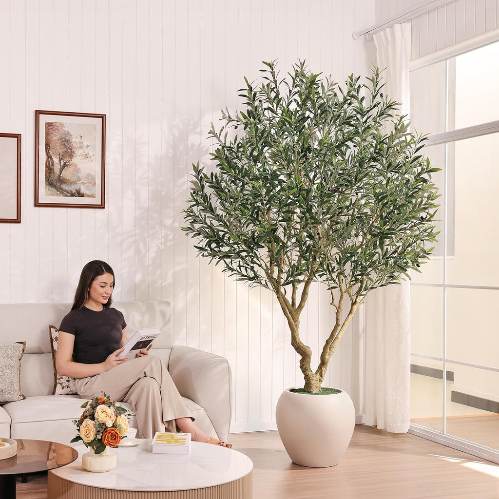 8ft Artificial Olive Tree, Natural Wood Trunk, 18in Planter