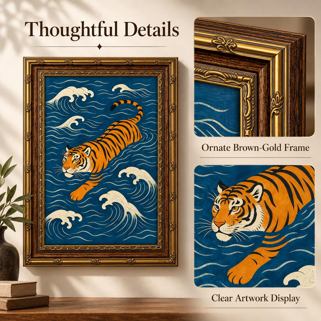 Framed Vintage Japanese Swimming Tiger Wall Art Prints, Ukiyo-e Style Canvas Poster, Funny Wild Animal Paintings