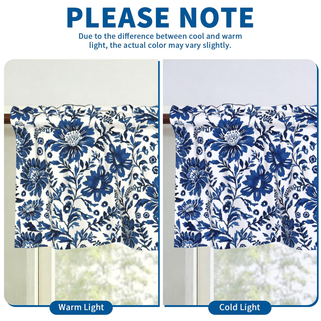 Navy Elegant Floral Kitchen Window Curtain 54"x18", Blue White Vintage Chinoiserie Flower Valance Farmhouse Window