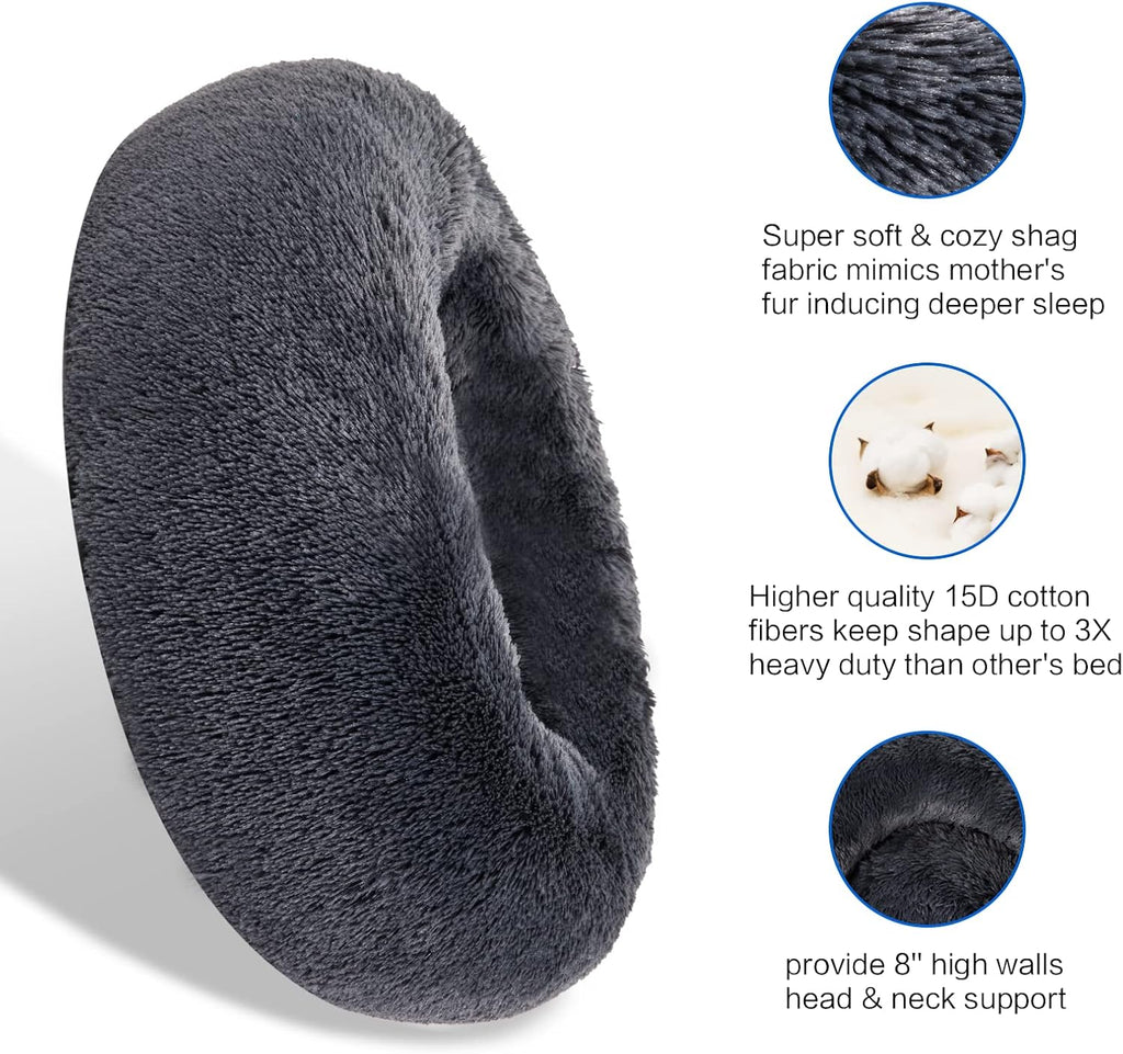 Calming Donut Dog Bed - 3X Durable Plush Faux Fur, Machine Washable & Non-Slip, Fits up to 210 lbs