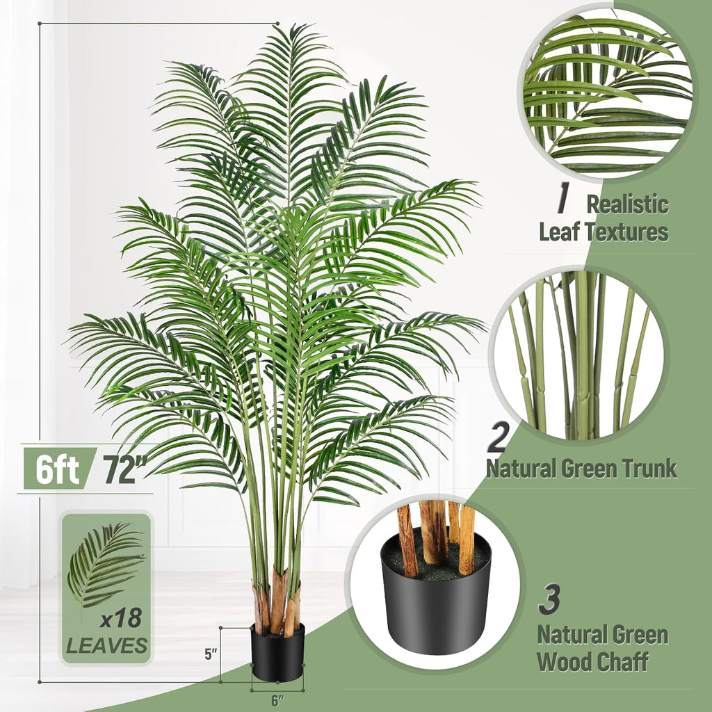 Artificial Palm Tree 6ft Tall Fake Palm Tree Indoor Decor with 18 Trunks and Real Bark Design Faux Tropical Areca - Set of 2