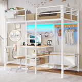 Twin Loft Bed with L-Shaped Desk, Storage Shelves and Charging Station Twin Metal Loft Bed with LED Lights and Coat
