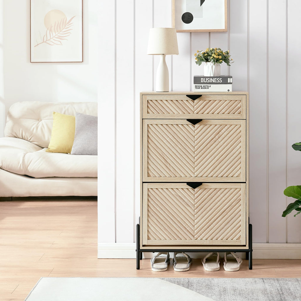 Shoe Cabinet with 2 Flip Drawers, Narrow Entryway Rack, Oak