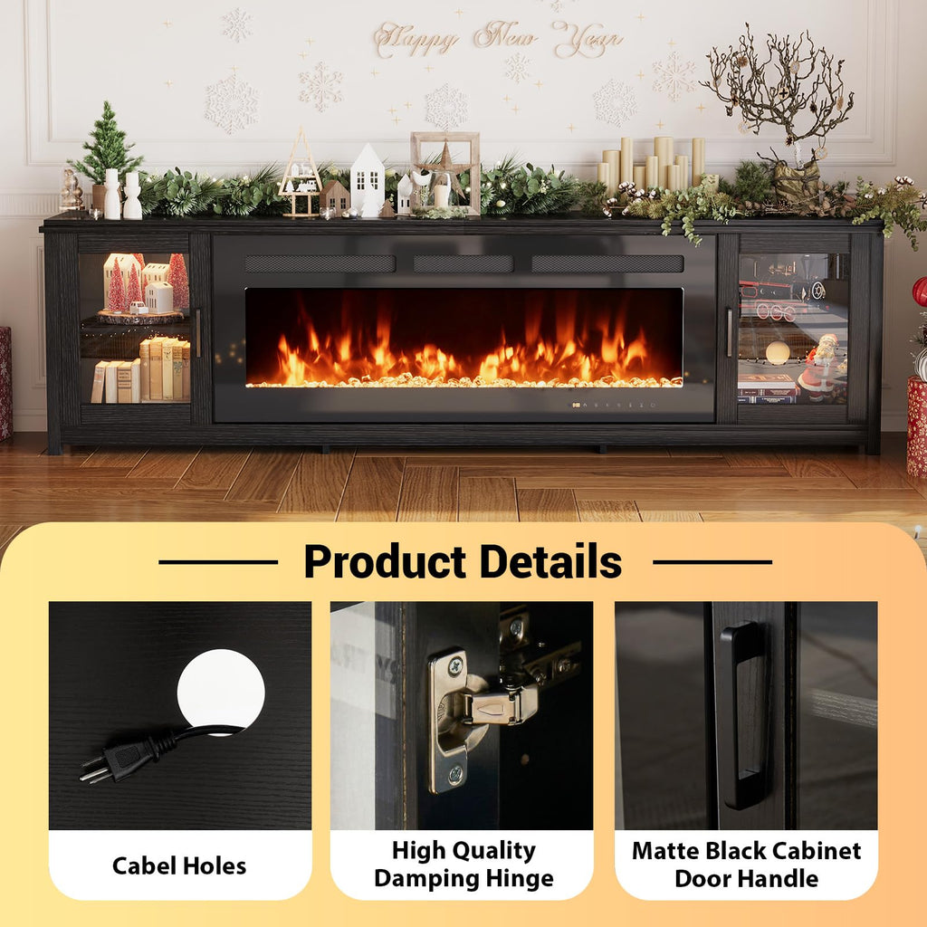 80" Fireplace TV Stand, Modern Entertainment Center with 50 Inch Electric Fireplace, Adjustable Shelf & Glass Door