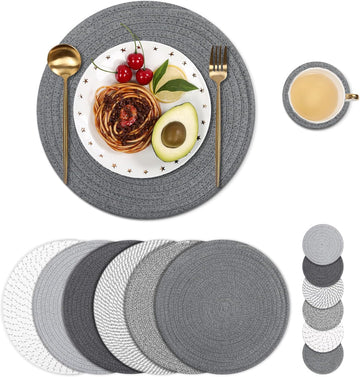 Woven Rope Round Placemats with Coasters, 13inch + 5.2inch - Set of 6
