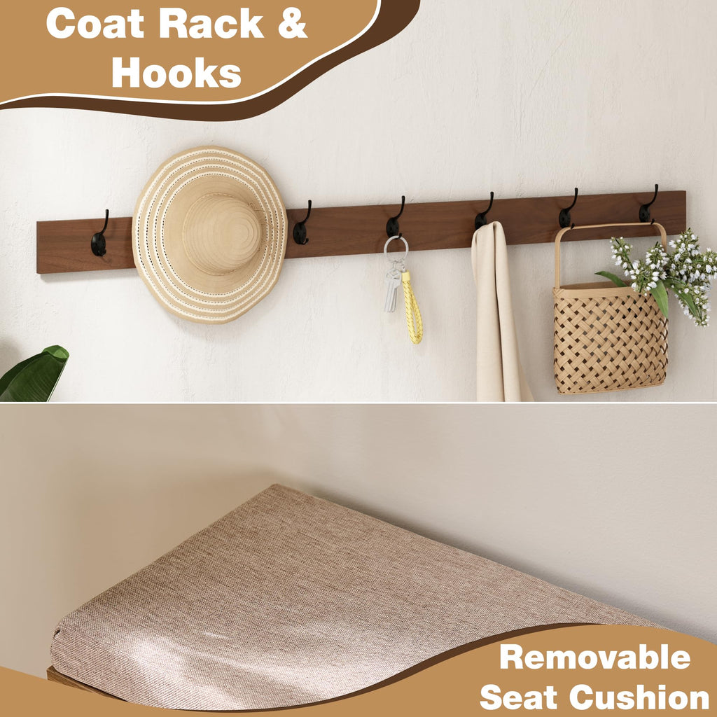 Rattan Narrow Entryway Bench with Shoe Storage, 3 Flip Drawers & Coat Rack, Mid-Century Modern Wood Shoe Cabinet with