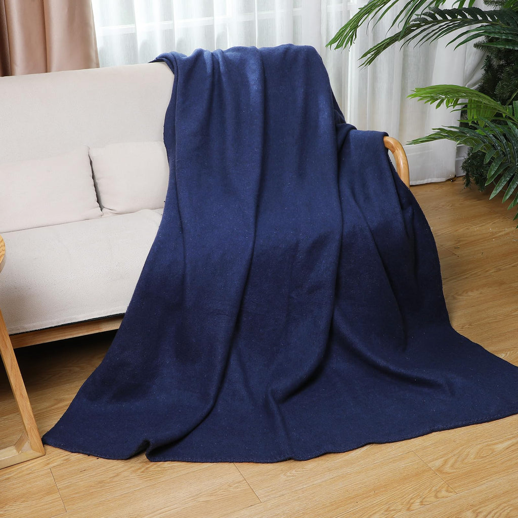 3 Pieces Wool Camping Blanket Fire Retardant Emergency, Navy