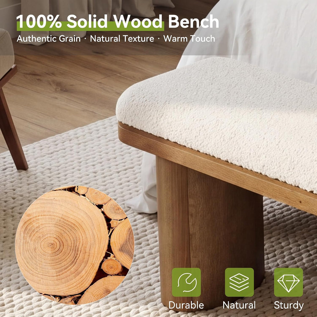 47" End of Bed Bench, Boucle Upholstered Bedroom Bench | Farmhouse Entryway Bench, Solid Wood Ottoman