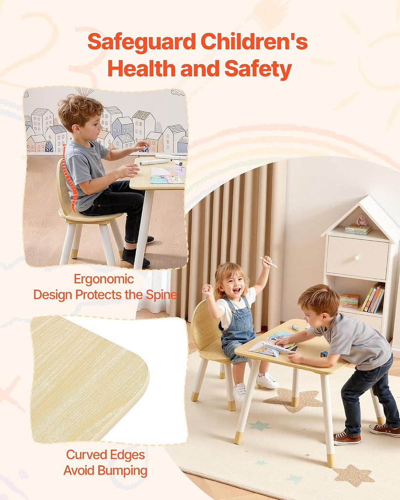Kids Table and 2 Chairs Set, Toddler Table and Chair Set with Rounded Edge Design & Graffiti Desktop, Wooden Desk