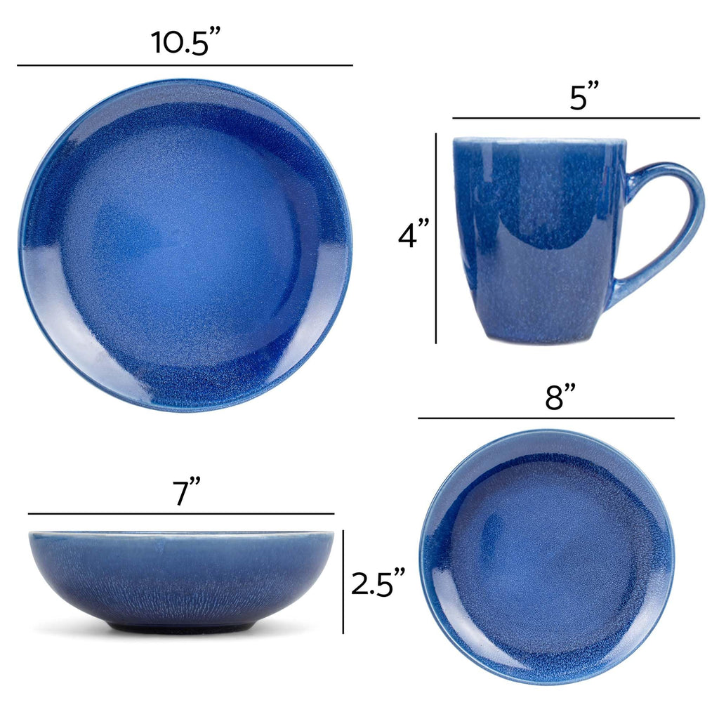 Reactive Glaze Stone Ceramic Plates Bowls Mugs Classic Dinnerware 16 Piece Set - Service for 4, Blue