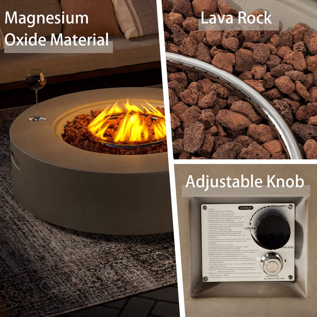 Outdoor 42" Fire Pit Table, 50000 BTU Gray Patio Fire Table, Concrete Round Gas Fire Table w Lava Rocks