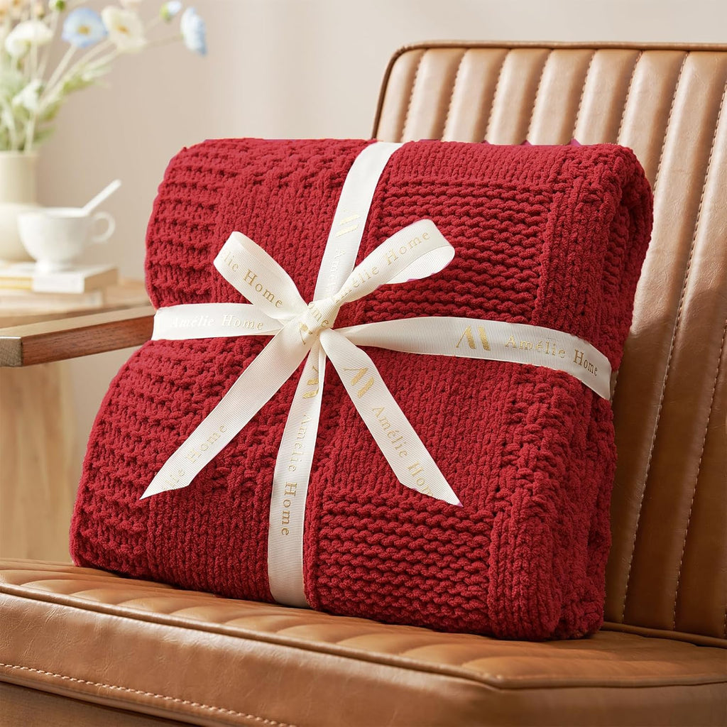 Checkered Knit Throw Blanket for Couch, Christmas Red, 50"x60"