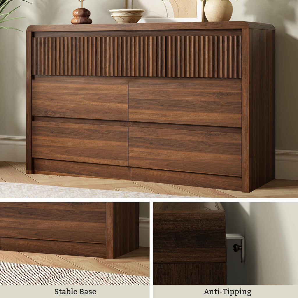 Walnut Fluted 7 Drawer Dresser, Curved Edge, 50" Wide