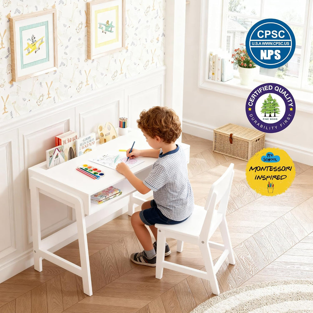 Wooden Kids Desk and Chair Set with Open Storage & 1 Drawer