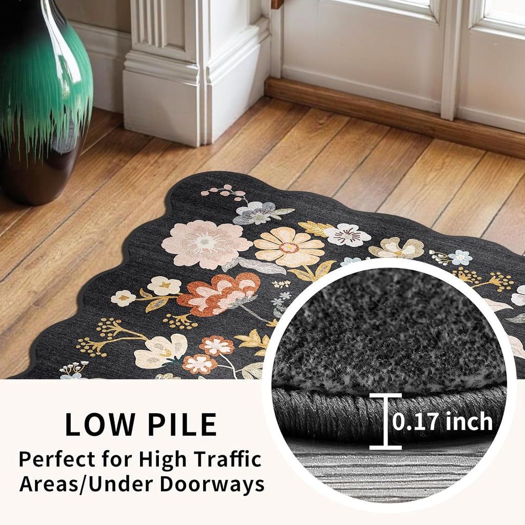 2x10 Scalloped Hallway Runner Rug: Non Slip Washable Floral Carpet Runner for Kitchen Entryway Bedro