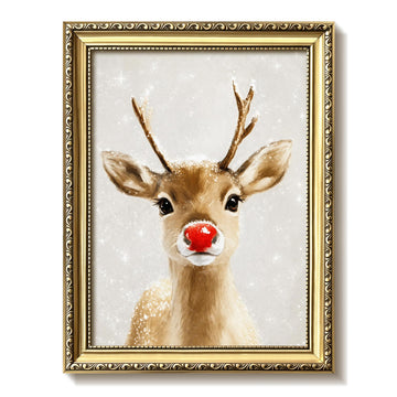 Vintage Gold Framed Christmas Reindeer Wall Art, Cute Red Nose Deer Portrait Canvas Print, Winter Woodland Animal