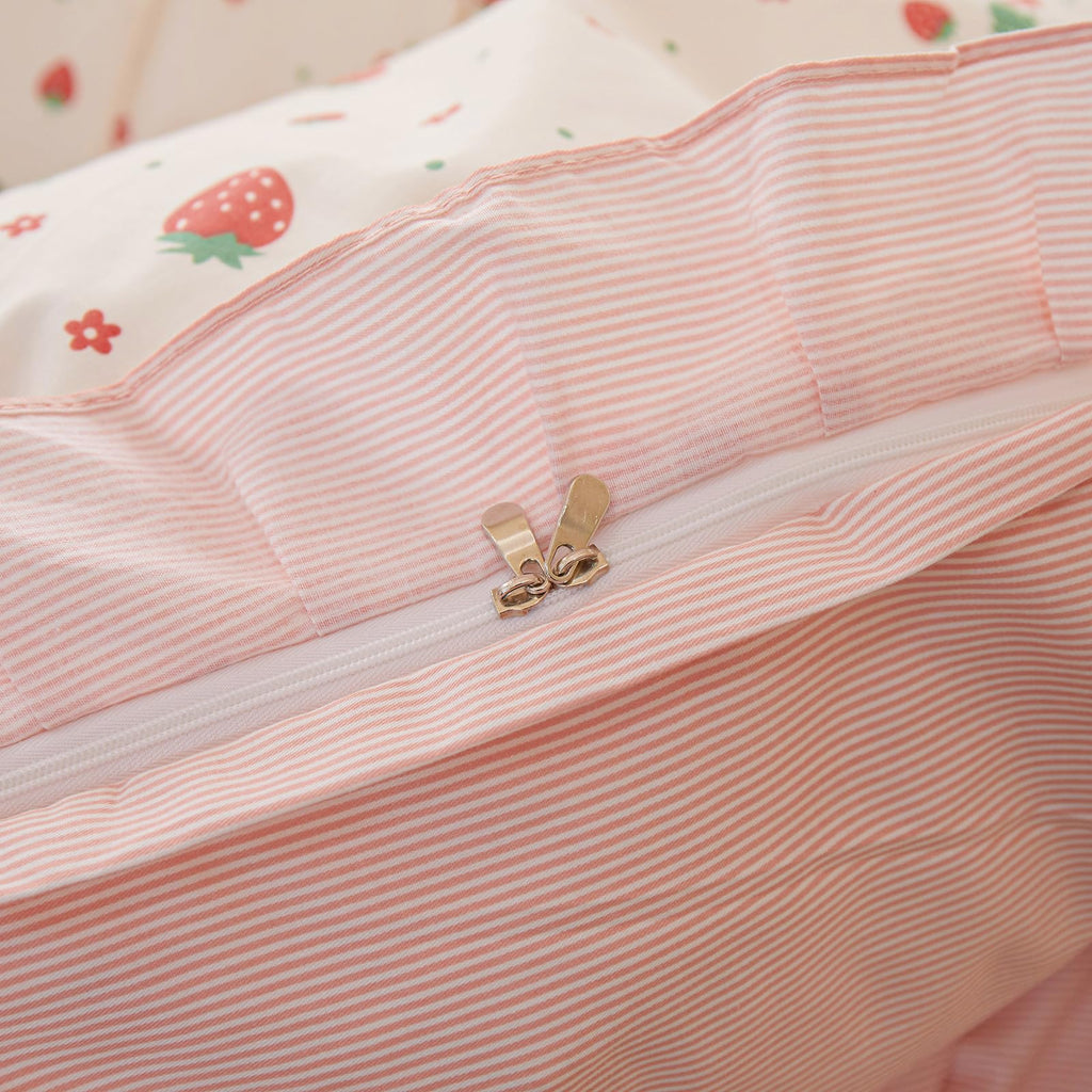 Comforter Set Strawberry Print Bedding Comforter Ruffled Lace Bedding Set Fluffy Fruit Comforters Pink Stripes