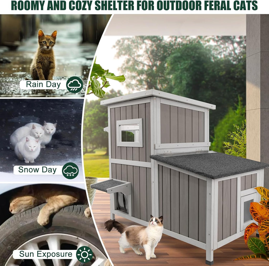 Cat House Outdoor Cat Shelter for 2-3 Feral Cats Two Story Wooden Cat Houses for Outside Cats Weatherproof in 3