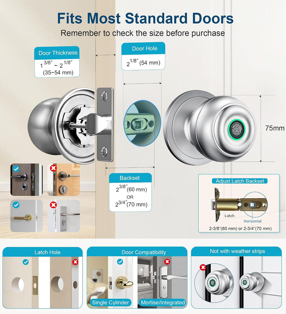 Fingerprint Door Lock, Smart Fingerprint Door Knob with Lock, Silver