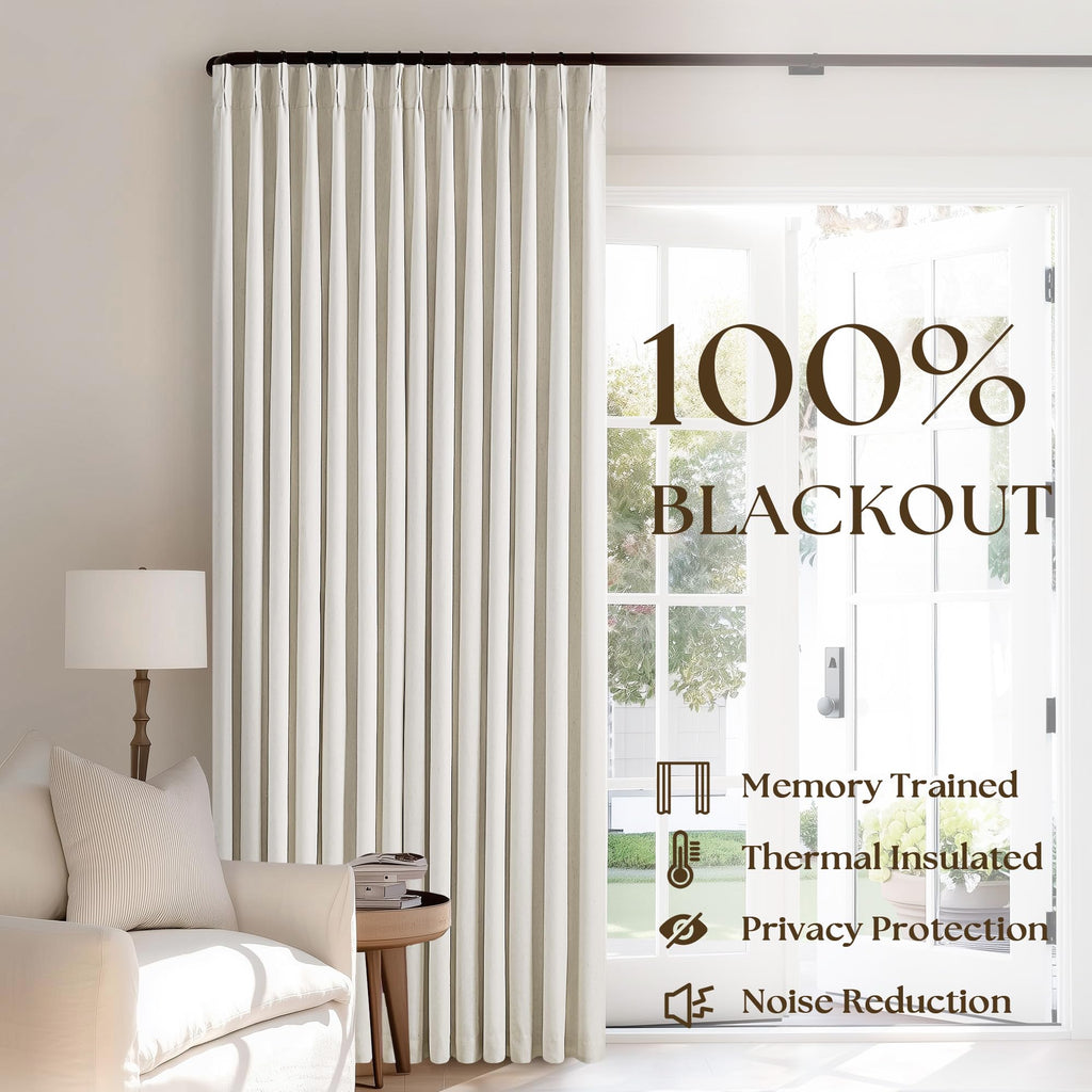 Natural Linen 100% Blackout Pinch Pleated Curtains 108 Inches Long 2 Panels