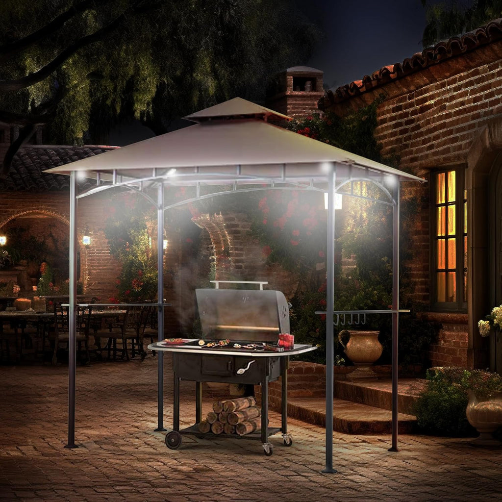 Four Seasons Courtyard BBQ Grill Gazebo with LED Lights, 2 Glass Shelves