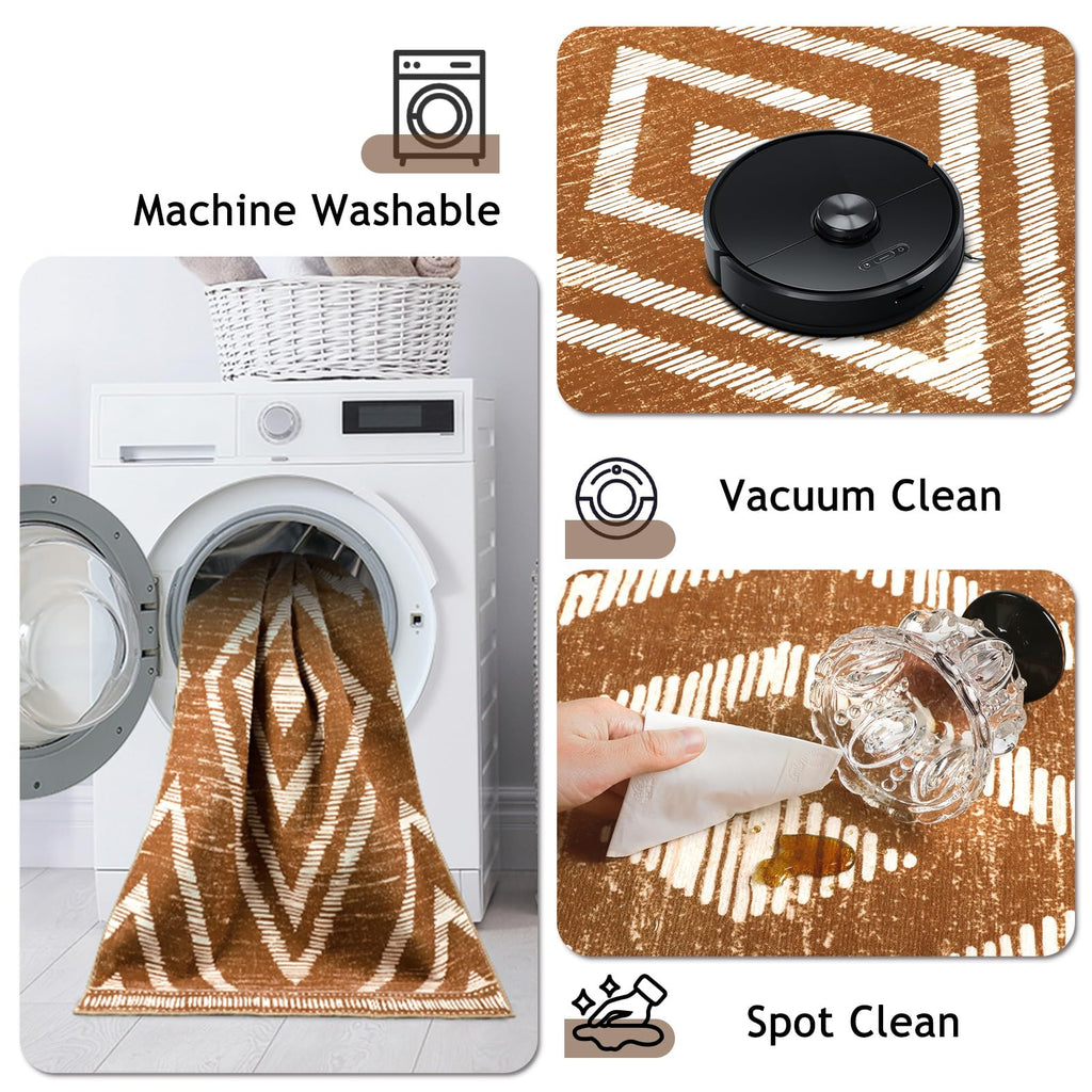 Boho Runner Rugs Non Slip, Brown Washable Kitchen Rug with Rubber Backing, Soft Moroccan Farmhouse Entryway
