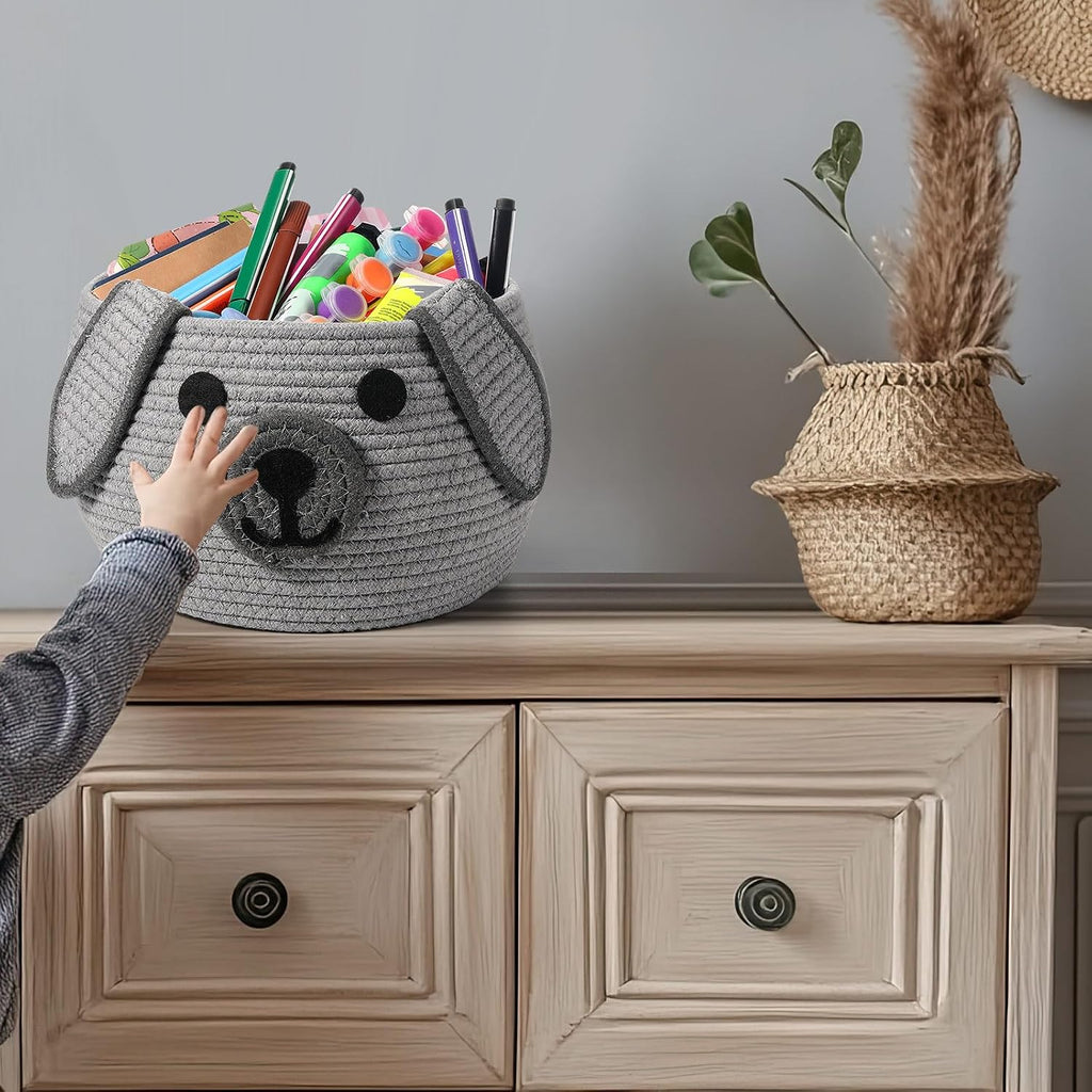 Woven Dog Basket with Handle Toy Storage, Gray, 13 x 8 Inch