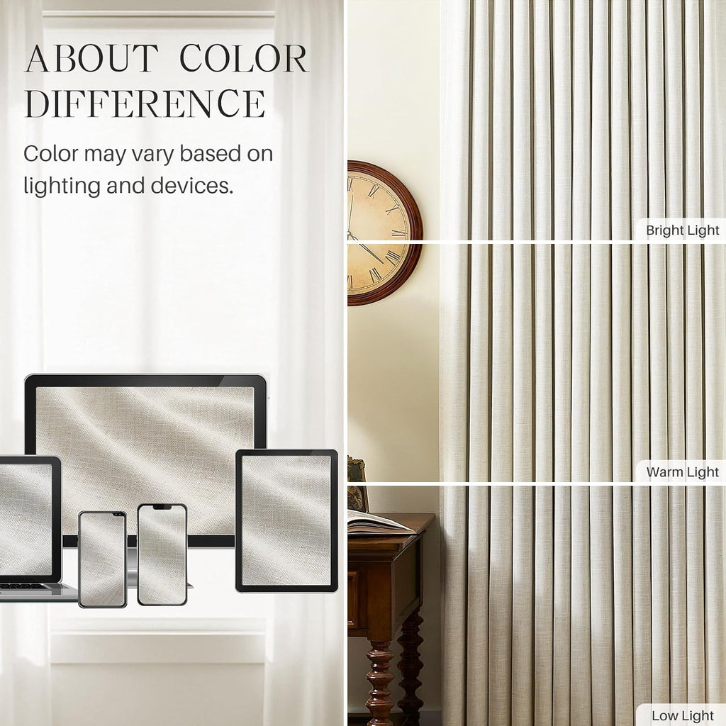 Pinch Pleated Curtains 100% Blackout Linen Curtains 95 Inches Long for Bedroom Living Room, Natural Memory Trained