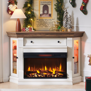56" Farmhouse Corner TV Stand with 3-Sided Fireplace, Antique White