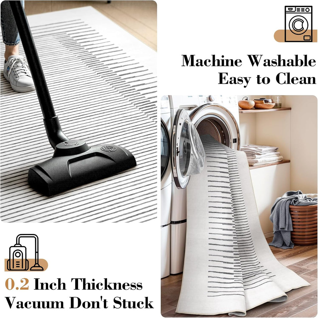 Washable Striped Rugs, Non-Slip Soft Grey Berber Stripe Bedroom Rug, Low Pile Minimalist Floor Carpet Living