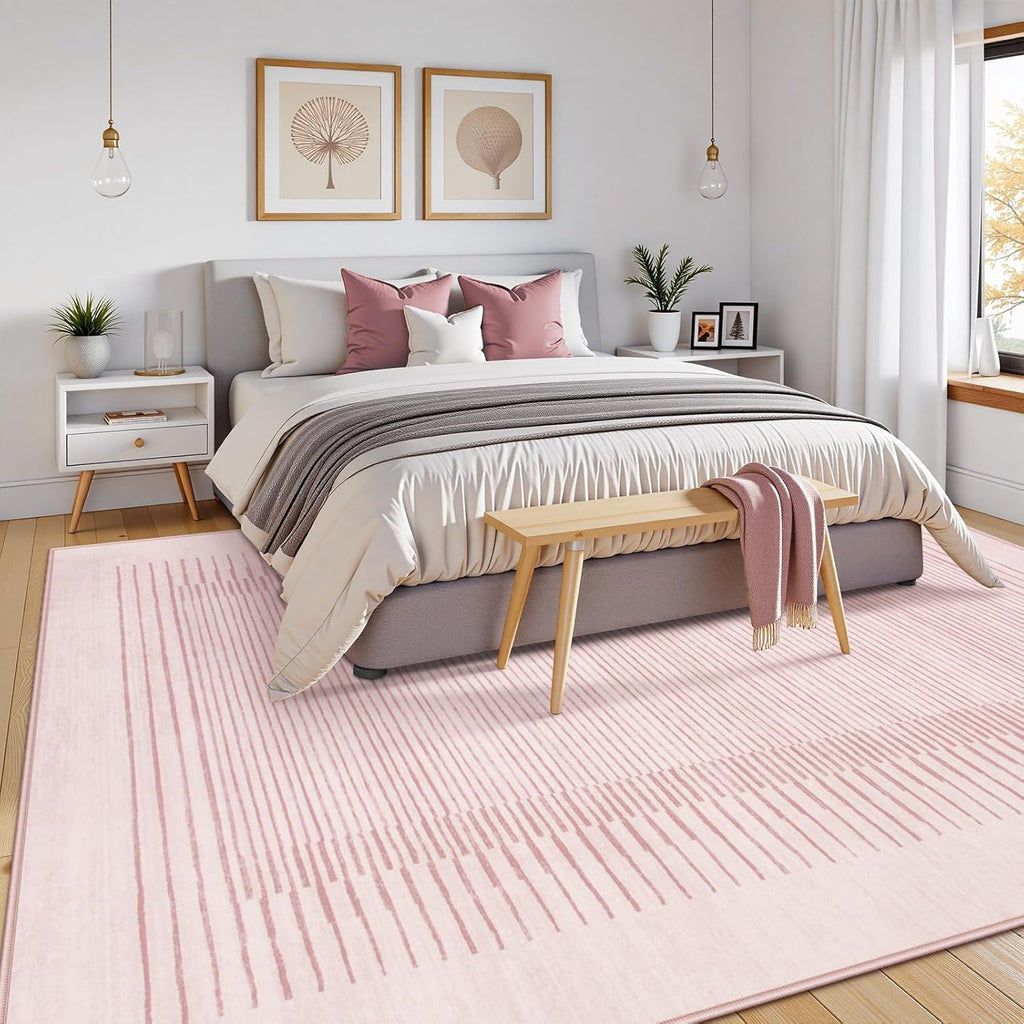 Washable Striped Living Room Area Rug, Non-Slip Berber Stripe Pink Area Rugs Girls, Low Pile Soft Large Throw