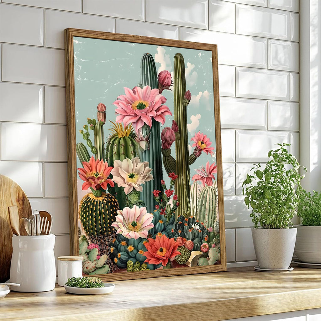 Framed Mexican Cactus Canvas Wall Art Set of 2, Vintage Desert Floral Wall Decor Paintings, Southwestern Boho