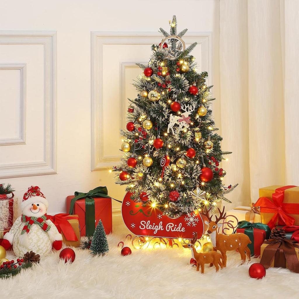 3FT Christmas Tree, Pre-Lit Artificial Christmas Trees with Lights, Small Xmas Trees with Sleigh Base & 78 Warm White