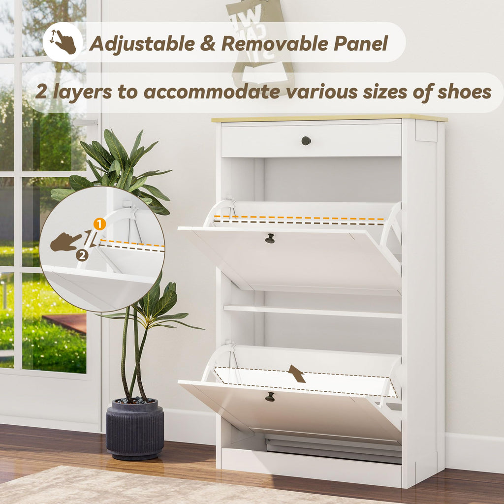 Shoe Storage Entryway with 2 Flip Drawers, Narrow Wooden Shoe Cabinet