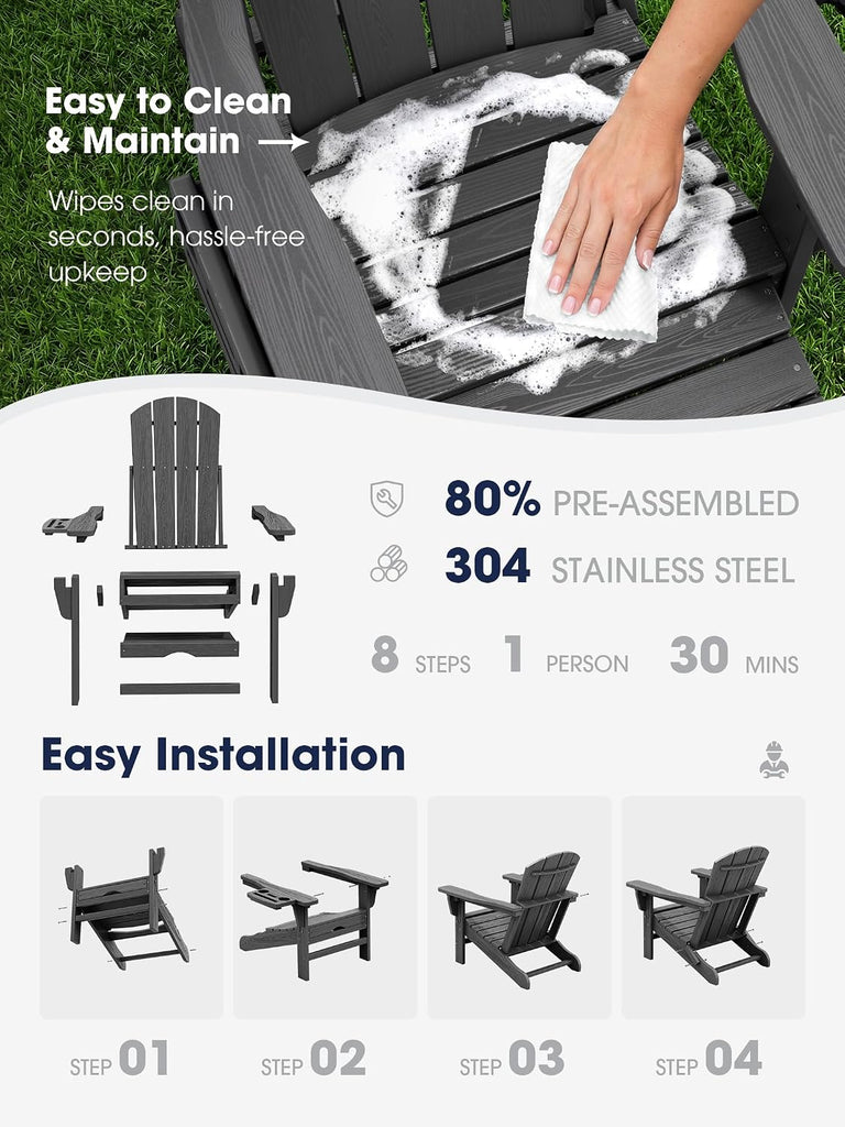 Folding Adjustable Adirondack Chair with Ottoman & 2 Cup Holders Set of 2, HDPE Adirondack Recliner Chair with