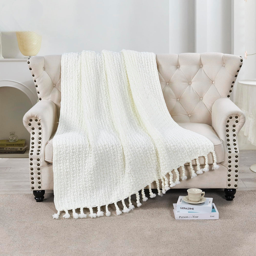 Chunky Knit Throw Blanket with Braided Tassels 50" x 60", Hand Knitted Soft Thick Yarn Basket Weave Boho Farmhouse