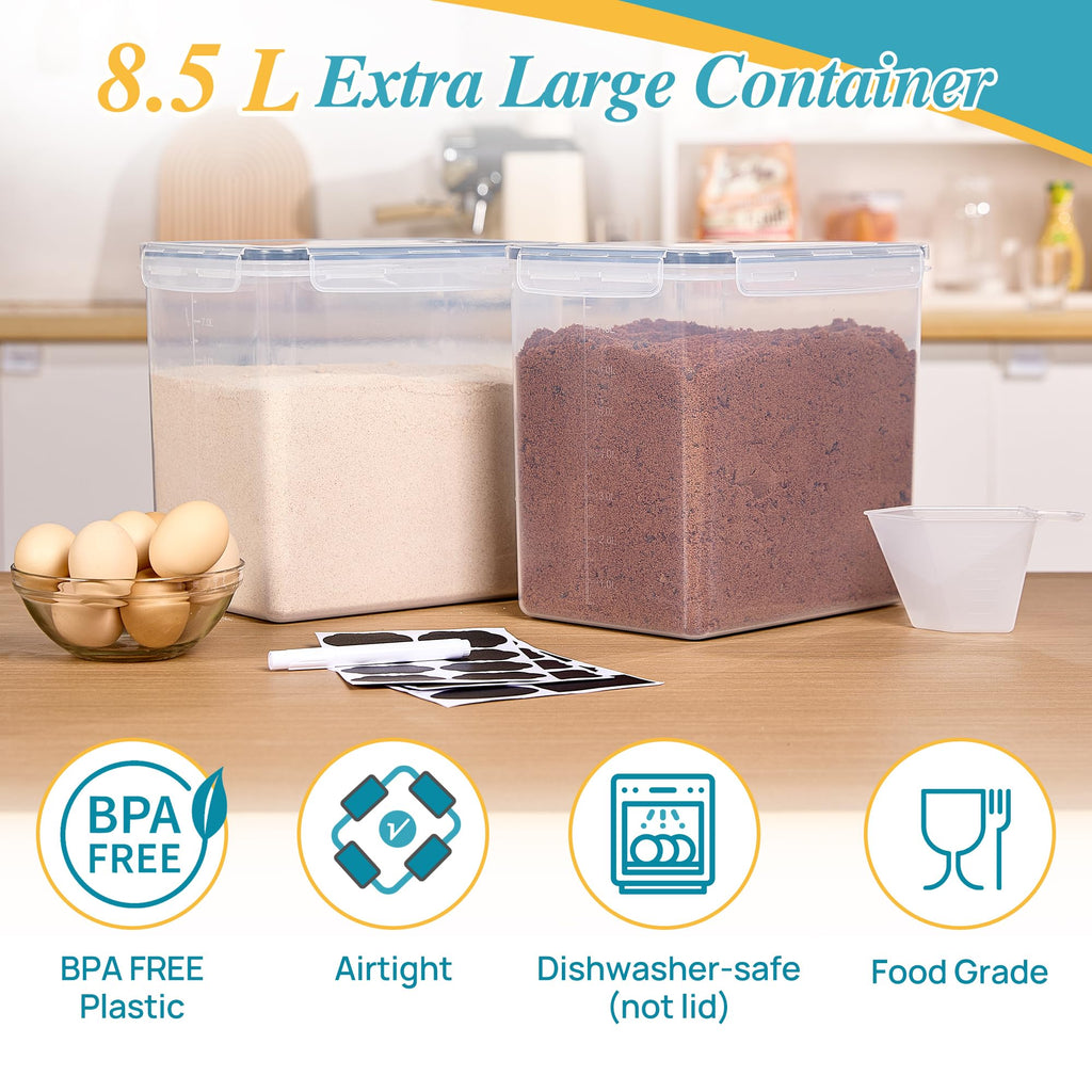 8.5L Extra Large Flour Sugar Storage Containers, 2 PCS, Black