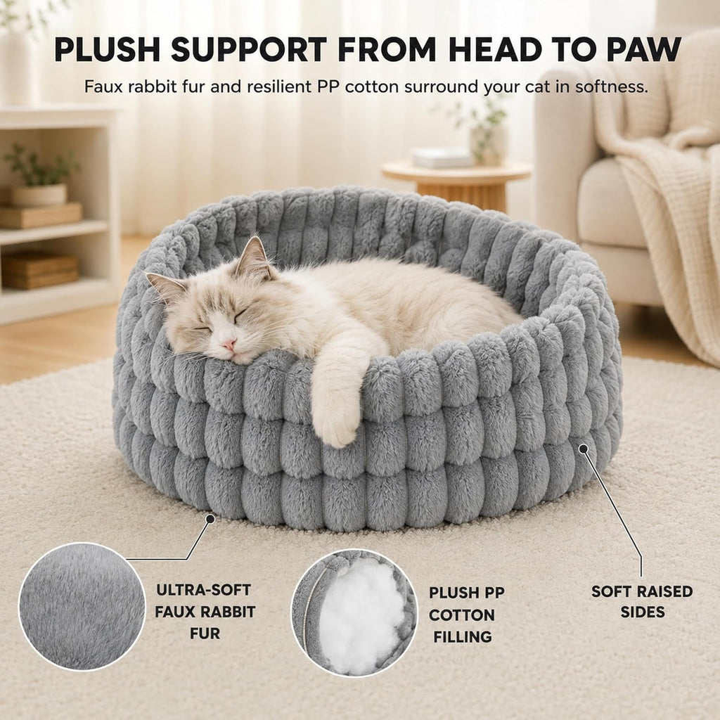 2 in 1 Cat Cave Bed-20.5 in, Washable Round Faux Rabbit Fur Calming Cat Bed