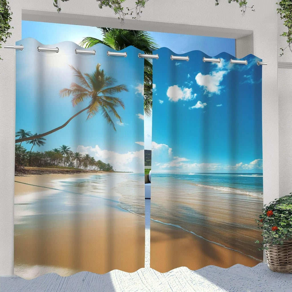 Tropical Beach Theme Waterproof Indoor/Outdoor Curtains,Ocean Palm Trees Sky Pattern,Privacy Curtains for Porch