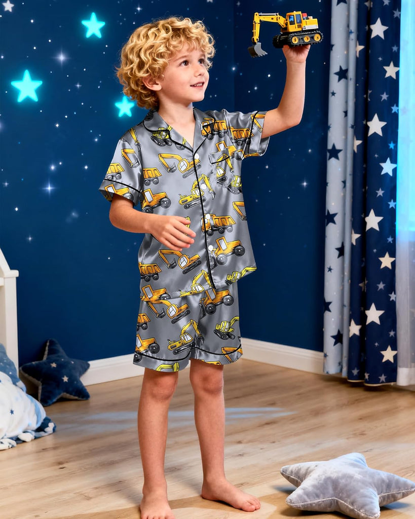 Boys Pajamas Little Boys Satin PJS Set Short Sleeve Button Down Kids Silky Pajama Lounge Sleepwear